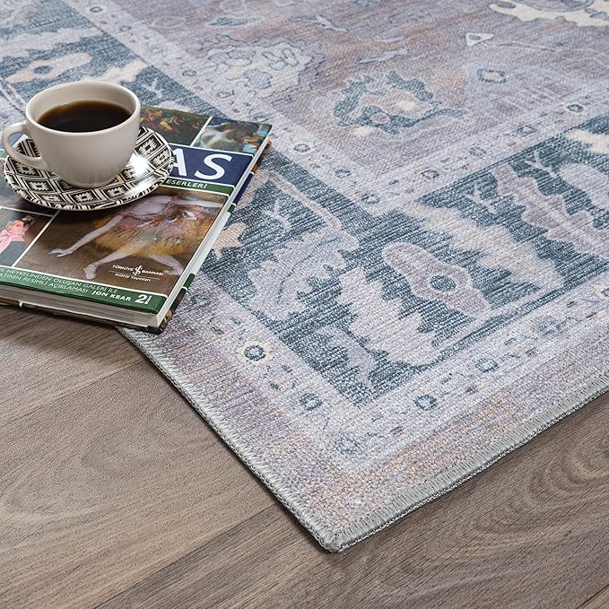 Fame Rugs Gray Modern Oushak Rug 2'6"x7', Washable Vintage Turkish Colorful Oriental Antique Inspired Foldable Small Runner Rugs, Luxury Living Room Bedroom (389GBB, 2'6" x 7')