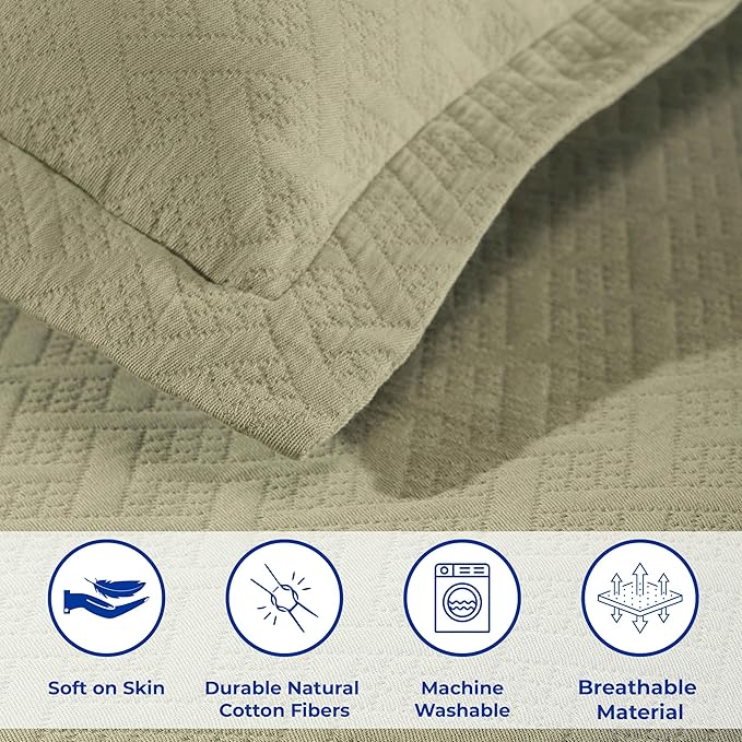Superior 3 Piece Basketweave Cotton Bedspread Set, Home Bed Decor, Decorative Bed Spread, 2 Pillow Shams, Medium Weight Blanket, Matelasse Coverlet Bedding, Geometric Lattice Pattern, Queen, Sage
