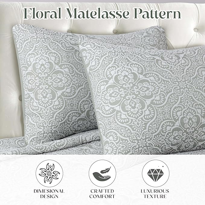 Superior 3 Piece Bedspread Set, Home Bed Decor, Decorative Bed Spread, 2 Pillow Shams, Medium Weight Blanket, Floral Matelasse Coverlet, Bedding Essentials, Enzy Collection, King, Sage