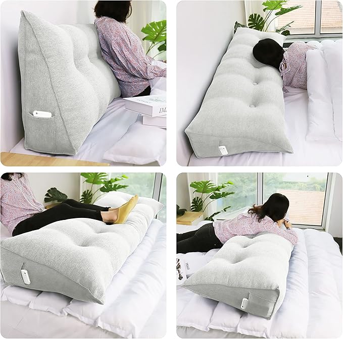 homecozy Wedge Headboard Pillow Dorm Room Reading Pillow Back Support for Sitting Up in Bed Bolster Lumbar Cushion Body Positioning Bedrest Cotton Linen 54in Grey-Beige Full