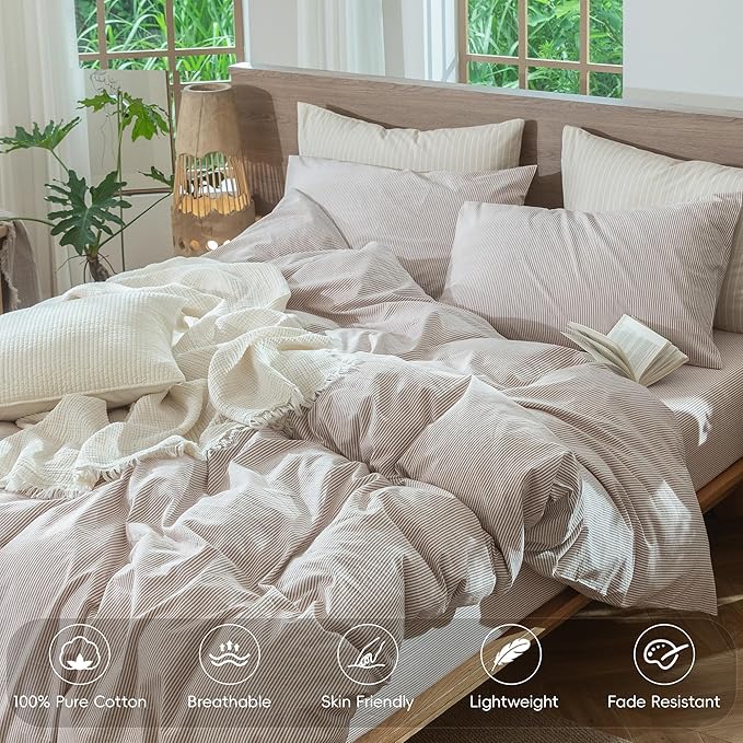 MooMee Striped Duvet Cover Set 100% Washed Cotton Linen Like Textured Breathable Durable Soft Comfy (Orange Pinstripes, Palatial King/Oversized King 120"x98")