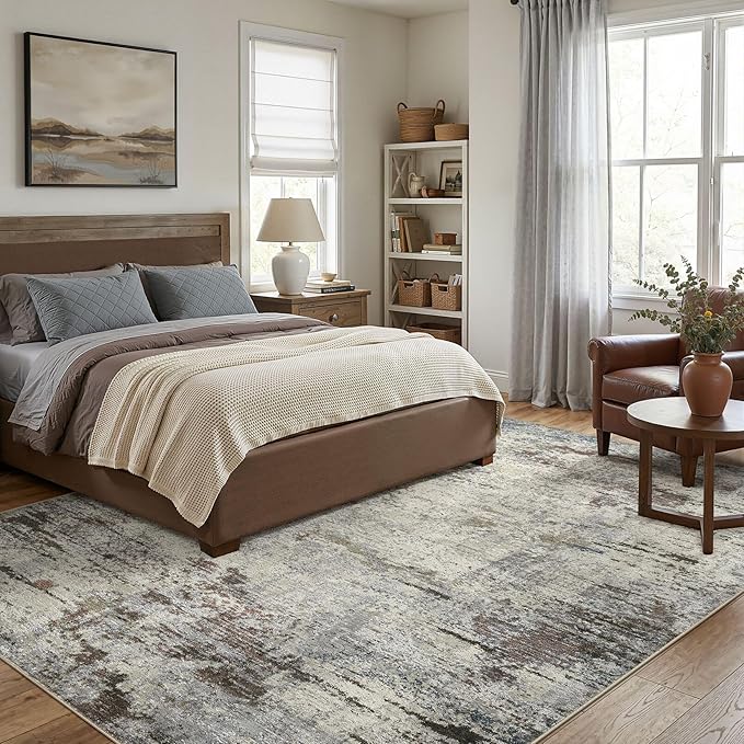 Area Rug Living Room Rugs - 8x10 Washable Large Soft Indoor Neutral Modern Abstract Low Pile Rug Carpet for Bedroom Dining Room Farmhouse Home Office - Brown Rust