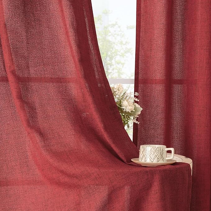 YoungsTex Red Linen Curtains 63 Inch Length 2 Panels for Living Room, Light Filtering Window Drapes with Bronze Grommet Privacy for Bedroom, 52 x 63 Inch
