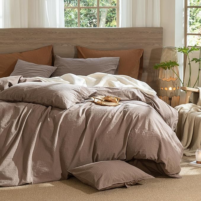 MooMee Wavy Striped Duvet Cover Set 100% Washed Cotton Linen Like Textured Breathable Durable Soft Comfy (Brown, Full 80"x90")