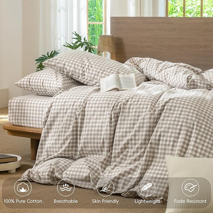 MooMee Gingham Duvet Cover Set 100% Washed Cotton Linen Like Textured Breathable Durable Soft Comfy Modern Checkered Design (Tannish Linen Grey Gingham, Palatial King/Oversized King 120"x98")