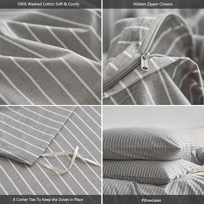 MooMee Striped Duvet Cover Set 100% Washed Cotton Linen Like Textured Breathable Durable Soft Comfy (Light Grey White Wide Stripes, King 104"x90")
