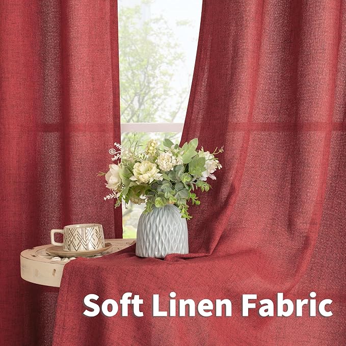 YoungsTex Red Linen Curtains 63 Inch Length for Living Room, Light Filtering Window Drapes with Bronze Grommet Semi Sheer Privacy for Bedroom, 42 x 63 Inch, 2 Panels