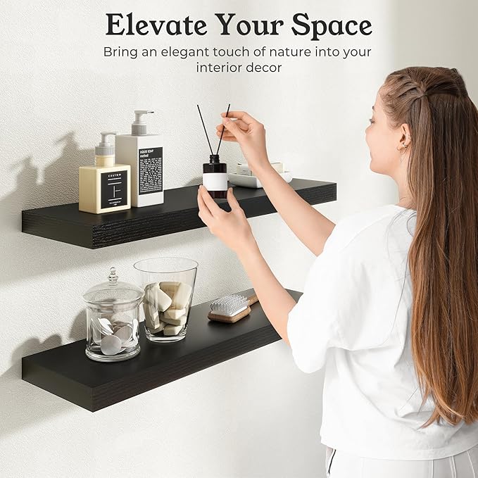 Floating Shelves for Wall, 9.3" Deep Wall Mounted Wood Shelves for Bathroom, Bedroom, Living Room, Kitchen, Hanging Shelf for Books/Storage/Room Decor (Black, 48")