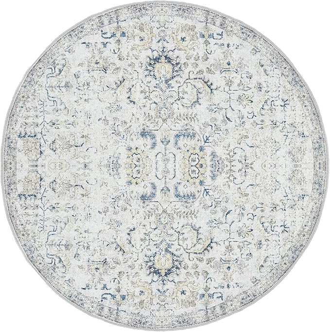 jinchan Kalen Round Rug 5ft Area Rug Washable Vintage Indoor Retro Accent Entryway Floor Cover Distressed Floral 5' Round Circle Boho Non Slip Thin Carpet for Bedroom Living Room Dining Room Blue