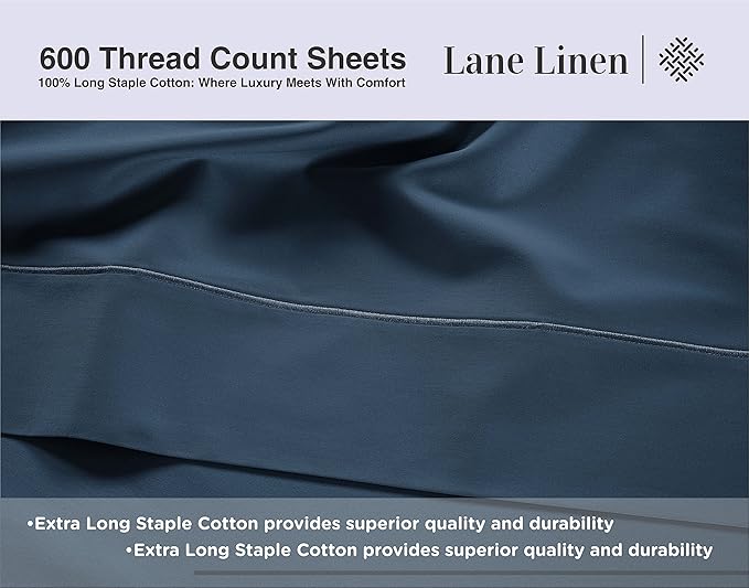 LANE LINEN 100% Cotton 600 Thread Count Twin XL Bed Sheets Set - Fully Elasticized, Cotton Sheets Twin XL Size Bed Set - Soft & Comfy Perfect for Dorm Room, Luxury Hotel Style Sheet - Dark Denim