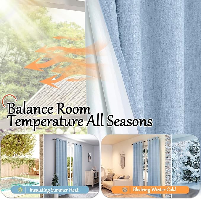 Baby Blue Linen Blackout Curtains for Nursery 90 Inch Length 2 Panels Set, Thermal Insulated Boho Total Black Out Noise Reducing Bonzer Grommets Window Curtains for Kids Bedroom, Each 52 Inch Wide