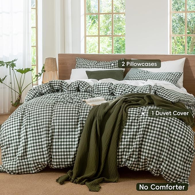 MooMee Gingham Duvet Cover Set 100% Washed Cotton Linen Like Textured Breathable Durable Soft Comfy Modern Checkered Design (Forest Green Gingham, King 104"x90")