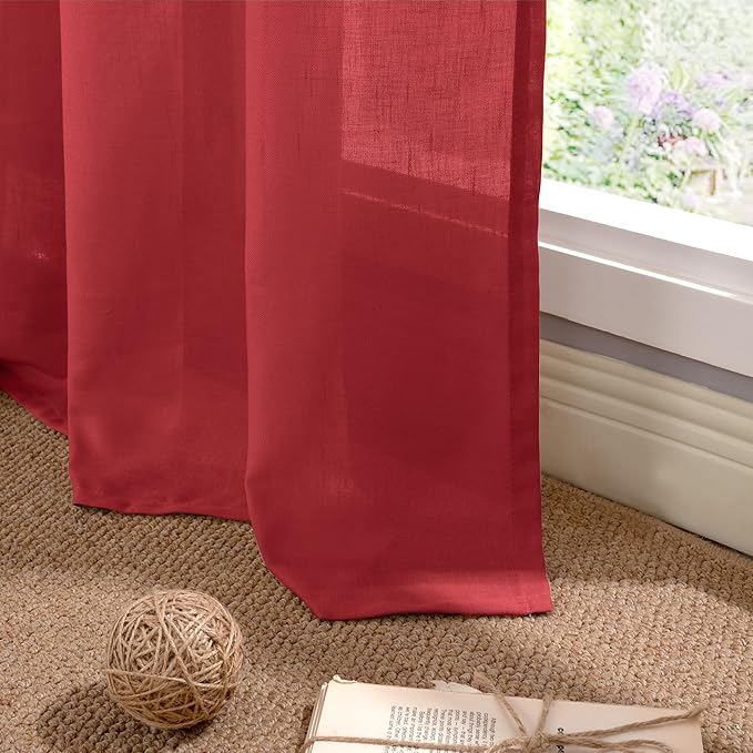 YoungsTex Red Linen Curtains 84 Inches Long for Living Room, Light Filtering Drapes with Grommet Semi Sheer Privacy for Christmas Bedroom Dining Room, 2 Panels, 52 X 84 Inch