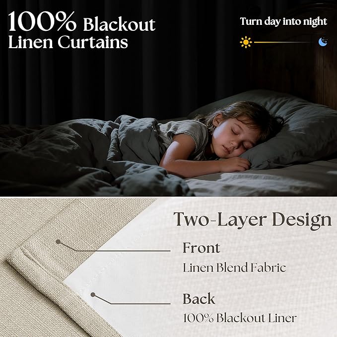 102 Inch Blackout Linen Pleated Curtains for Bedroom Living Room Darkening Pinch Pleat 100% Black Out Thermal Insulated Window Drapes Double Layer Oatmeal Beige 102 Inches Long Curtains 2 Panels Set