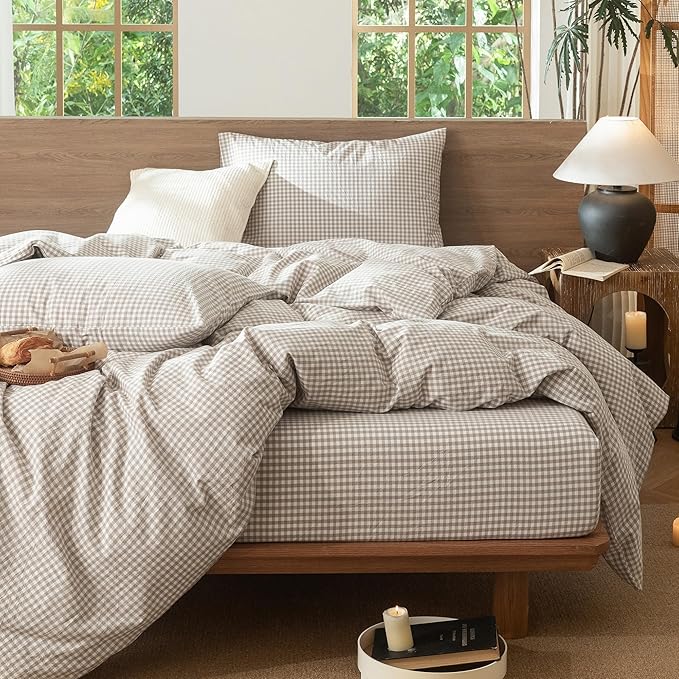 MooMee Gingham Duvet Cover Set 100% Washed Cotton Linen Like Textured Breathable Durable Soft Comfy Modern Checkered Design (Mini Gingham Tannish Linen Grey, Twin 68"x90")