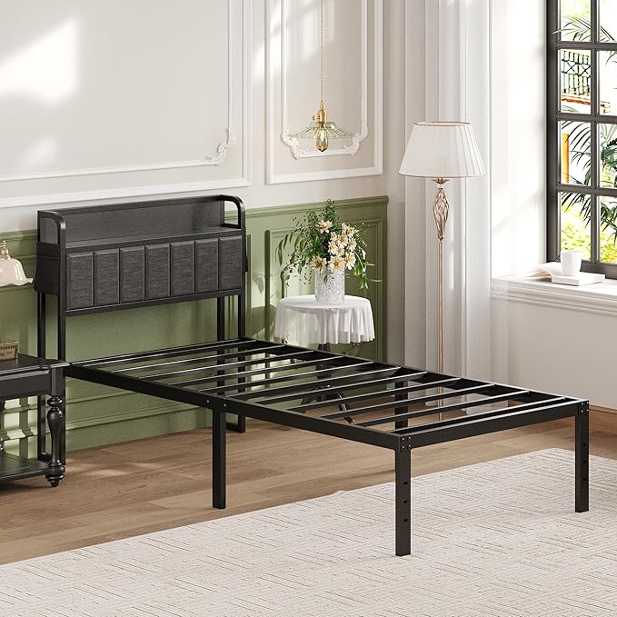 16 Inch Twin XL Bed Frames with Upholstered Storage Headboard, Heavy Duty XL Twin Bed Frame No Box Spring Need, Gray
