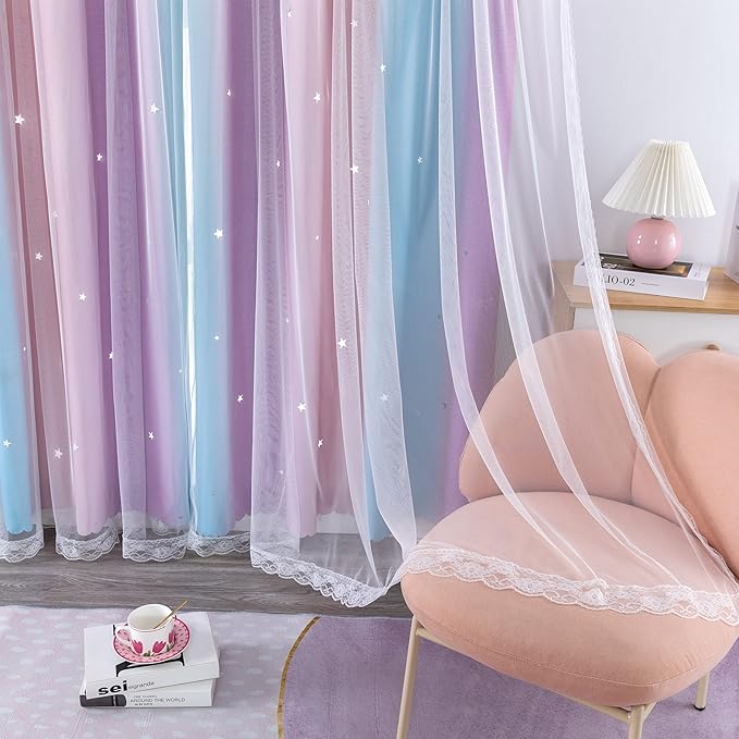 XiDi Curtains for Bedroom Decor, Rainbow Pink Purple/52/90