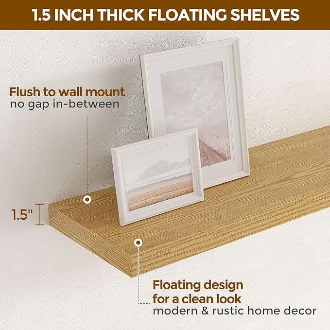 Fun Memories 72 Inch Floating Shelves for Wall, 72x9.3 Large Floating Shelf for Bedroom, Kitchen, Bathroom, Wall Mounted Rustic Wood Shelves with Invisible Bracket for Books, Decor, Oak