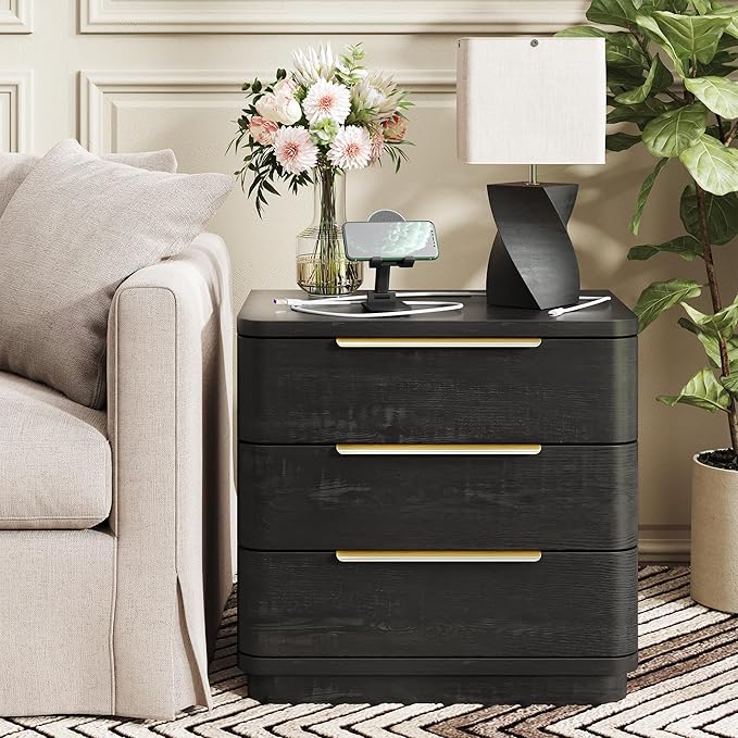 Black Nightstands Set of 2, Bedside Table with 3 Storage Drawers, 24" Tall Wood Night Stand with Charging Station, Modern Wide End Table Side Table W/Metal Handle Curved Profile for Bedroom