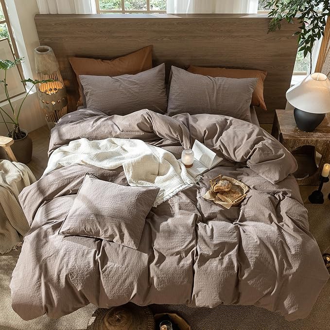 MooMee Wavy Striped Duvet Cover Set 100% Washed Cotton Linen Like Textured Breathable Durable Soft Comfy (Brown, King 104"x90")