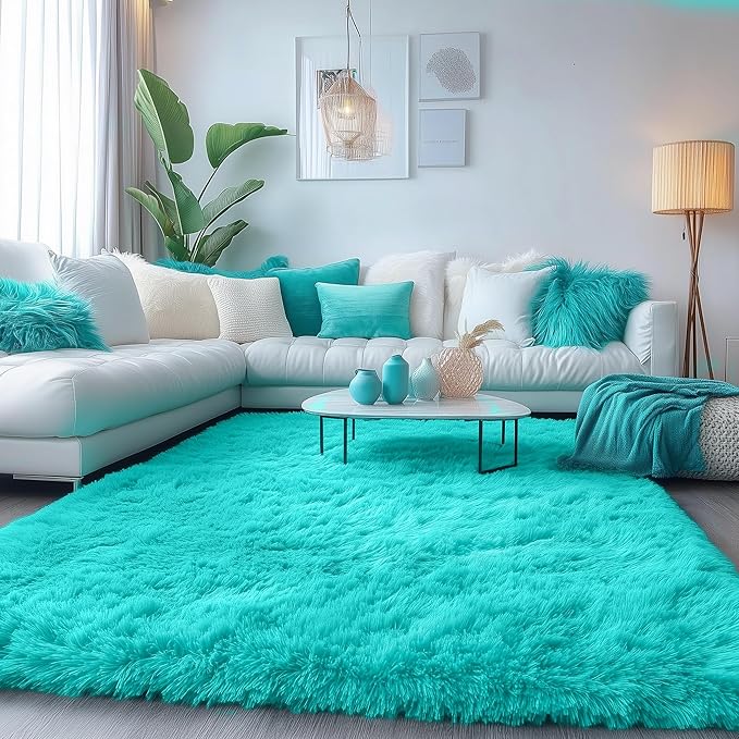 PAGISOFE Teal Rug Fluffy Shag Area Rugs for Bedroom Boys 5x7 Soft Fuzzy Shaggy Rugs for Living Room Nursery Carpet Indoor Floor Dorm Boys Girls Dorm Plush Kids Rug for Room Decor Aesthetic