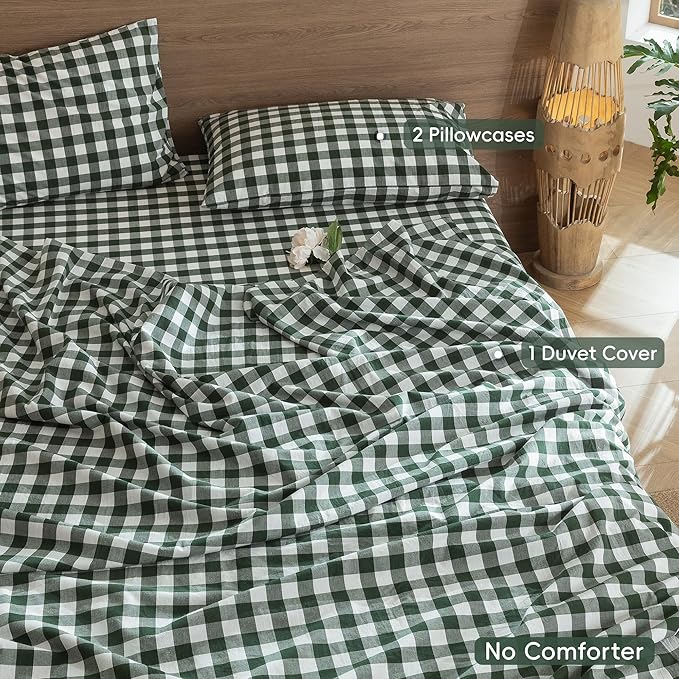 MooMee Gingham Duvet Cover Set 100% Washed Cotton Linen Like Textured Breathable Durable Soft Comfy Modern Checkered Design (Buffalo Plaid Forest Green, Queen 90"x90")
