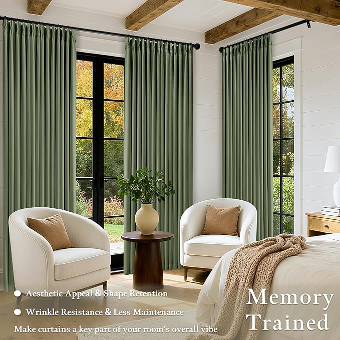 120 Inch Pinch Pleat Drapes Olive Green Room Darkening Curtains 120 Inches Long for Bedroom Rustic Cottagecore 100% Blackout Thick Linen Double Layer Pleated Curtain 2 Panels Set Loden Green Decor