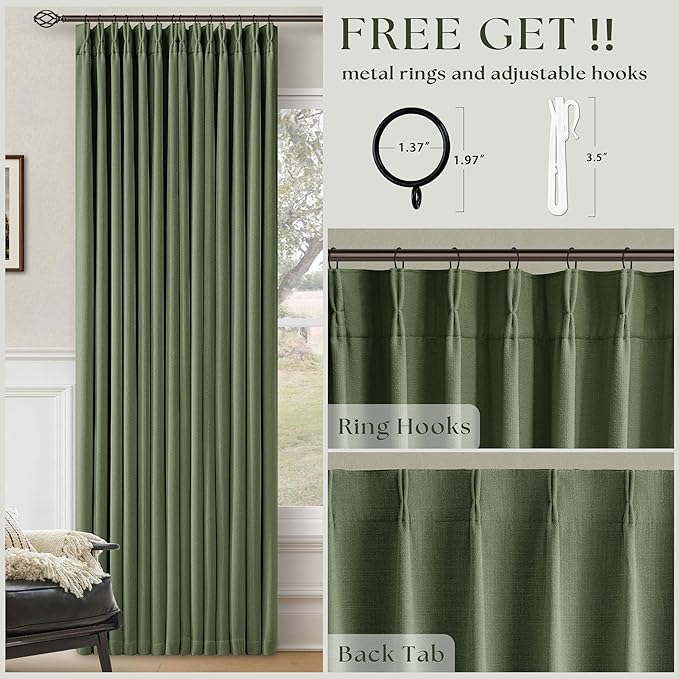 120 Inch Pinch Pleat Drapes Olive Green Room Darkening Curtains 120 Inches Long for Bedroom Rustic Cottagecore 100% Blackout Thick Linen Double Layer Pleated Curtain 2 Panels Set Loden Green Decor
