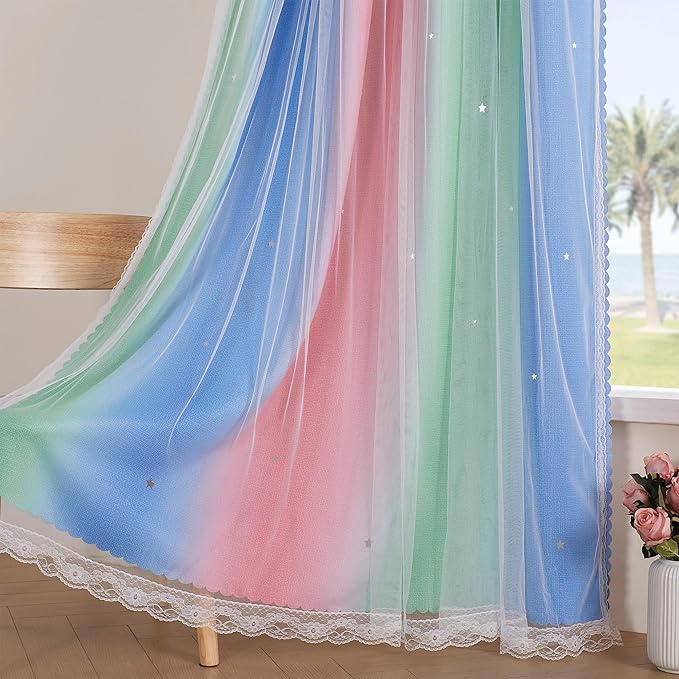 XiDi Curtains for Bedroom Decor, Rainbow Pink GreenBlue52/45/1