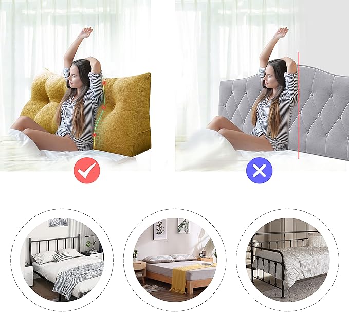 homecozy Wedge Headboard Pillow Dorm Room Reading Pillow Back Support for Sitting Up in Bed Bolster Lumbar Cushion Body Positioning Bedrest Gift for Mom Cotton Linen 59in Yellow Queen