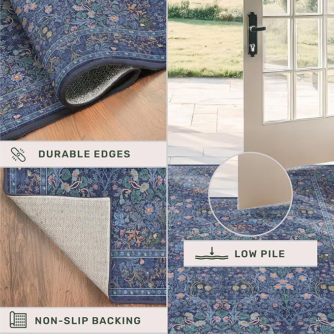 Boho 8x12 Washable Dark Blue Rug for Living Room - Large Area Rug for Dining Room Under Table, Bedroom Under Bed, Vintage Floral Design, Low Pile & Soft Indoor Décor