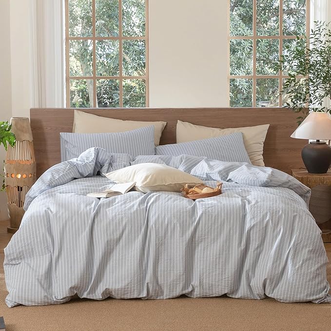 MooMee Striped Duvet Cover Set 100% Washed Cotton Linen Like Textured Breathable Durable Soft Comfy (Cornflower Blue White Wide Stripes, Palatial King/Oversized King 120"x98")