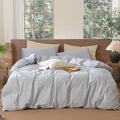 MooMee Striped Duvet Cover Set 100% Washed Cotton Linen Like Textured Breathable Durable Soft Comfy (Cornflower Blue White Wide Stripes, Oversized King Plus 128"x120")