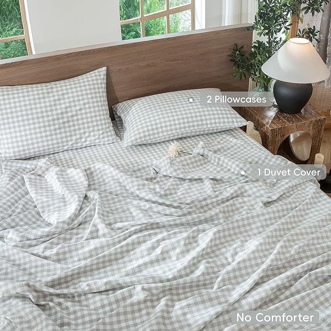 MooMee Gingham Duvet Cover Set 100% Washed Cotton Linen Like Textured Breathable Durable Soft Comfy Modern Checkered Design (Northern Droplet Grey Gingham, King 104"x90")