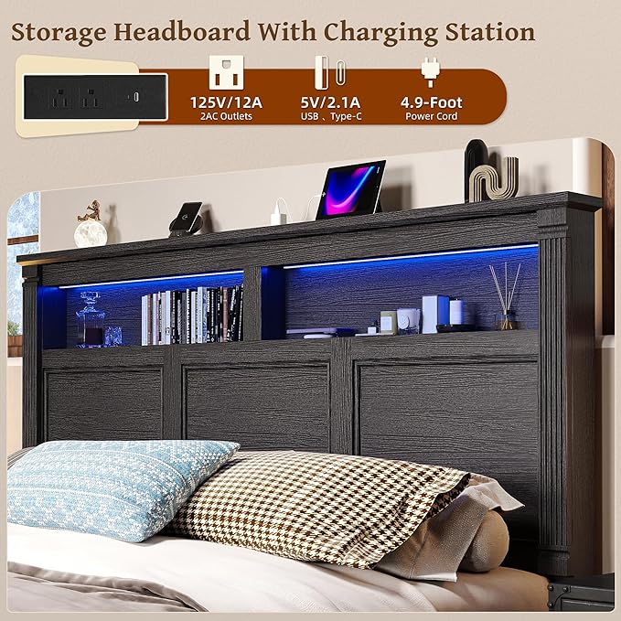 53" Tall Queen Bed Frame with Headboard and Storage, 2 Drawers and LED Built in Charging Station Bed Frame Queen Size with Farmhouse Roman Column Decoration,No Box Spring Needed (Black)