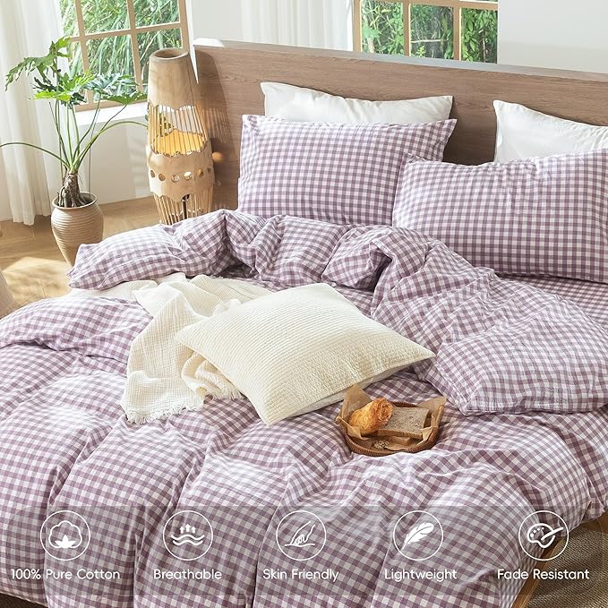 MooMee Gingham Duvet Cover Set 100% Washed Cotton Linen Like Textured Breathable Durable Soft Comfy Modern Checkered Design (Classic Gingham Light Purple, Palatial King/Oversized King 120"x98")
