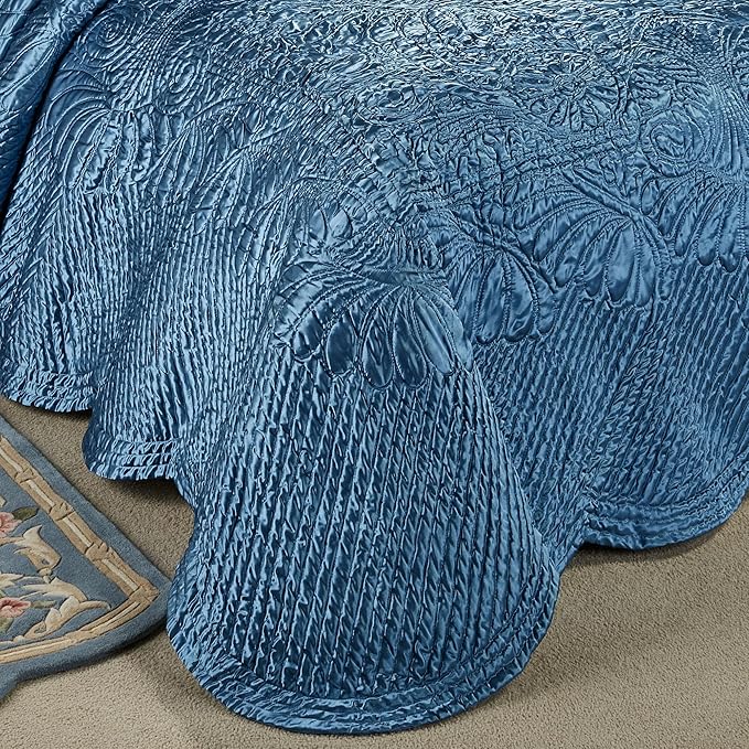Touch of Class Portia Luxury Bedding | Sapphire Blue | Quilted Polyester Satin | Hand Guided Machine Quilted Scroll Design 7 Piece Set: Cal King Oversized Bedspread, 2 King Shams, 4 Pillows