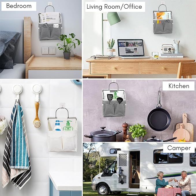 Kanrichu 2pcs Small Wall Hanging Organizer Bag, Linen Fabric Door Hanging Storage Basket with Pockets, Waterproof Bin for Kitchen, Bedroom, Office, RV Camper (Triangle)