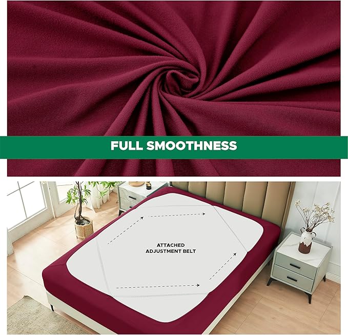 Biscaynebay Decorative Box Spring Cover King & Cal King Size, Burgundy Luxurious Jersey Knitting Stretchy Wrap Around 4 Sides Bed Skirt for Home/Hotels, Easy Fit Wrinkle & Fade Free Machine Washable