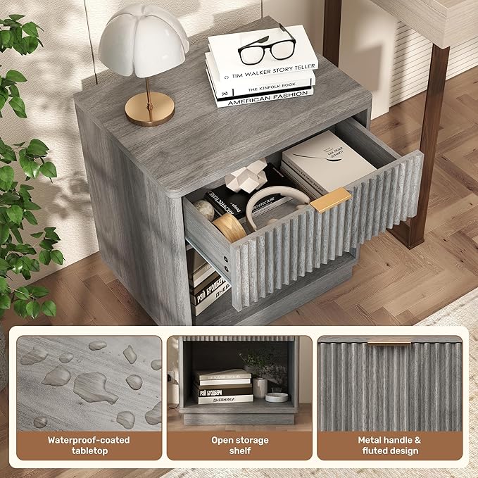 Miereirl Fluted Nightstand Charging Station, Wooden Vintage Night Stands Curved Corners Storage Cabinet for End Table with Metal Handle Drawers, Light Grey Oak