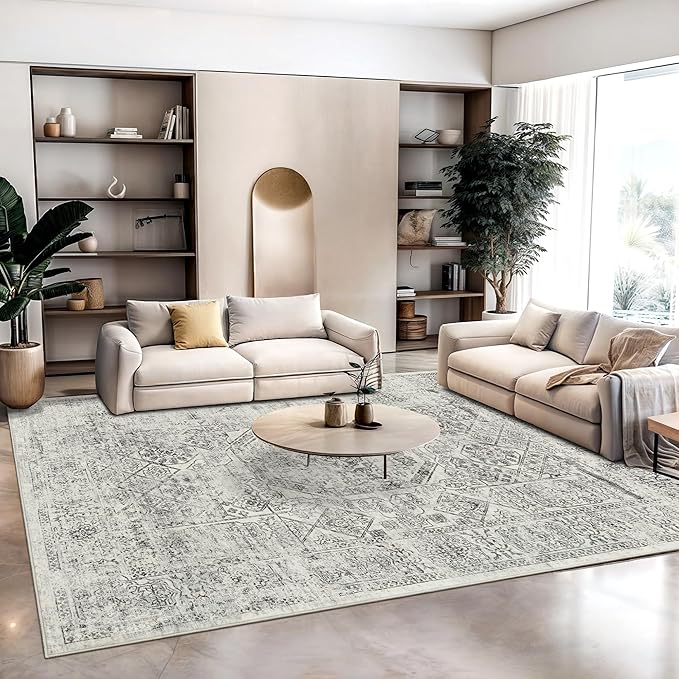 6x9 Area Rug for Living Room Floral Washable Non-Slip Gray Rugs for Bedroom Dinning Room Ultra-Thin Indoor Grey Rug