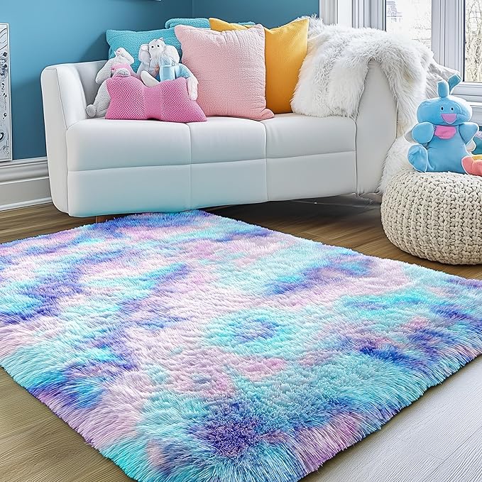 PAGISOFE Soft Purple Rainbow Rugs for Living Room, Fluffy 5x7 Area Rug, PlushCute Kawaii Rug for Bedroom Kids Room Baby Nursery, Girls Room Decor Mermaid Rugs Fuzzy Fur Pastel Carpet, Cozy Cloud Rug
