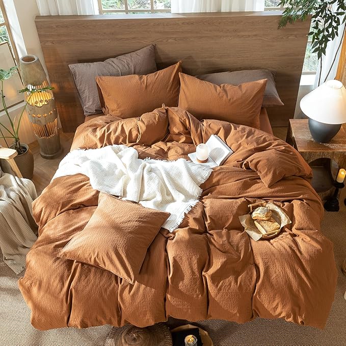 MooMee Wavy Striped Duvet Cover Set 100% Washed Cotton Linen Like Textured Breathable Durable Soft Comfy (Dark Orange, Oversized Queen 98"x98")
