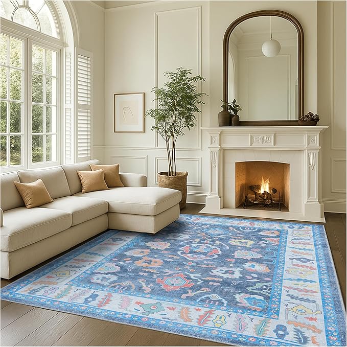 Fame Rugs Blue Modern Oushak Rug 8x10, Vintage Turkish Colorful Oriental Washable Antique Inspired Large Area Rugs, Luxury Living Room Bedroom (387BNB, 7'6 x 10')