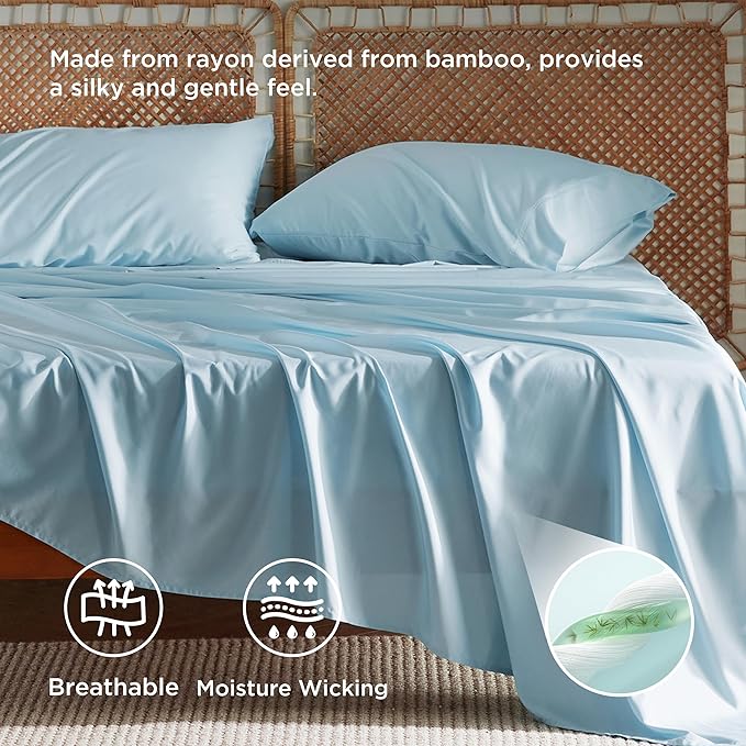 Bedsure Queen Sheet Set, Rayon Derived from Bamboo, Cooling Sheets, Breathable & Soft, Deep Pocket Up to 16 Inches, Hotel Luxury Silky Bedding for Hot Sleepers, Aqua
