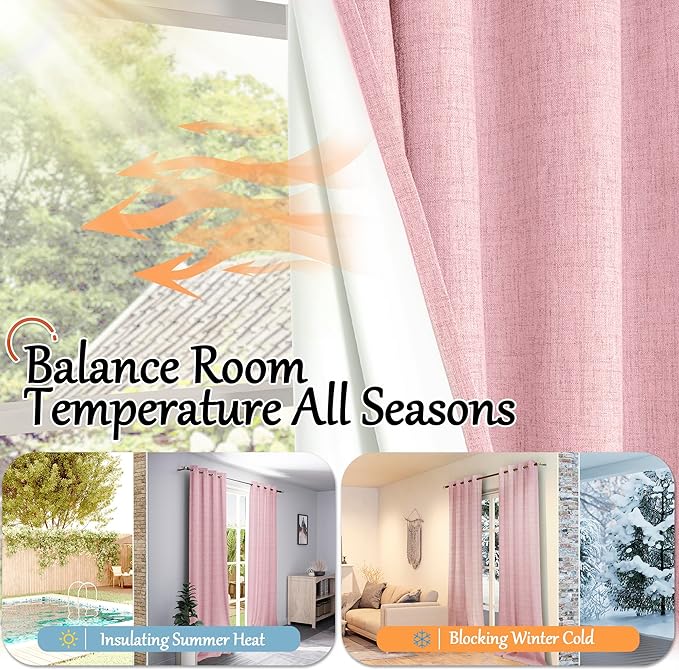 Baby Pink Linen Blackout Curtains for Nursery 45 Inch Length 2 Panels, Short Thermal Insulated Boho Total Black Out Noise Reducing Small Window Curtains for Girls Bedroom, Each 38 Inch Wide