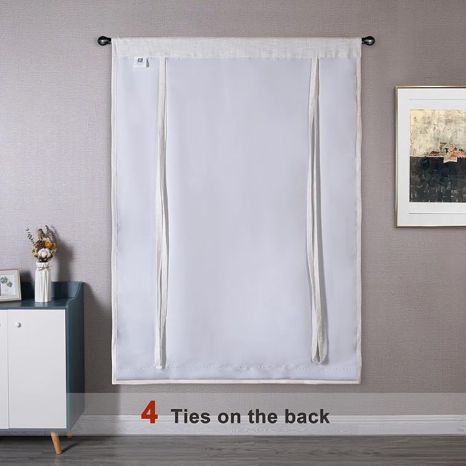 DriftAway Double Layer Linen Blackout Tie Up Curtains Thermal Insulated Fully Lined Balloon Roman Shade Bathroom Window Adjustable Rod Pocket for Small Window 39 Inch by 55 Inch Ivory