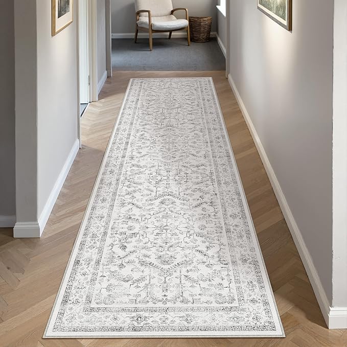 Grey 2x8 Runner Rug Vintage Area Carpet Hallway Indoor Kitchen Washable Low Pile Traditional Distressed Retro Accent Throw Rug Non Slip for Laundry Bathroom Office