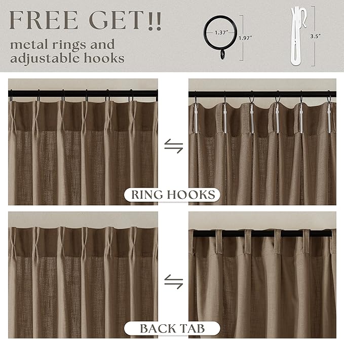 Brown Linen Pinch Pleated Curtains 108 Inches Long 2 Panels for Living Room Bedroom Light Filtering Drapes 108 Inch Length Dutch Cocoa Semi Sheer Memory Shape Trained Ceiling Floor Curtain