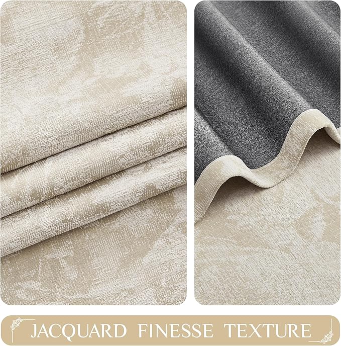 Beauoop Beige Floral Jacquard Blackout Curtains 72 Inches Long 2 Panels for Bedroom Living Room Taupe Flower Chenille Room Darkening Thermal Insulated Soundproof Grommet Window Treatments Drapes 52x72